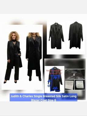 Judith & Charles Single Breasted Silk Satin Long Blazer Coat Size 8